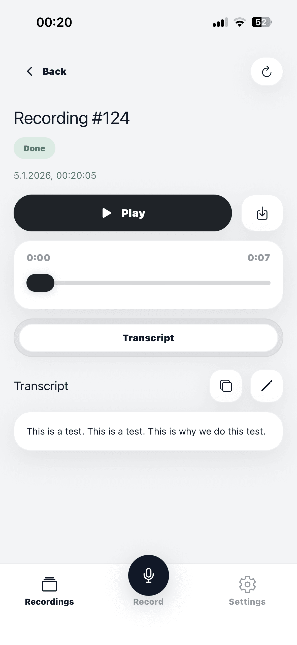 App screenshot: transcription view
