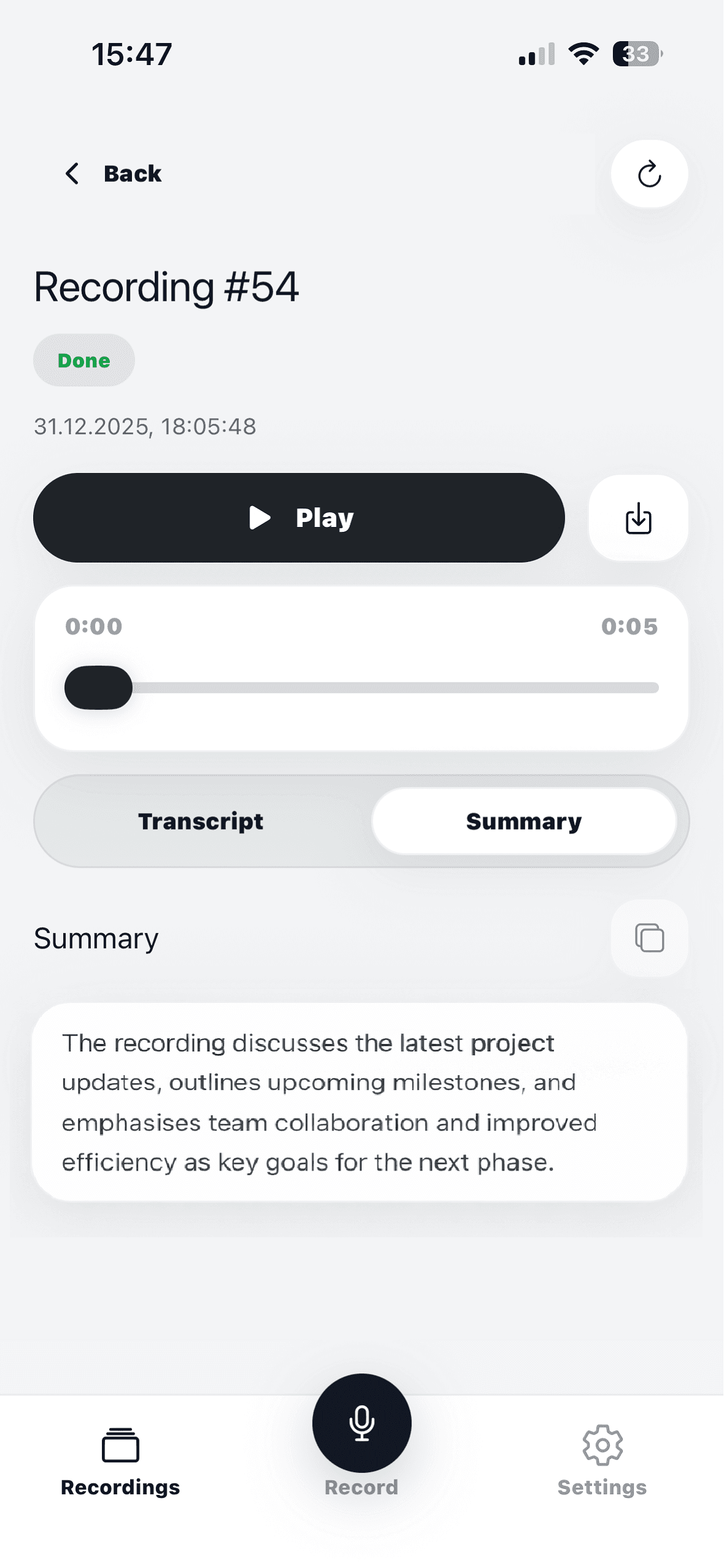 App screenshot: AI summary view